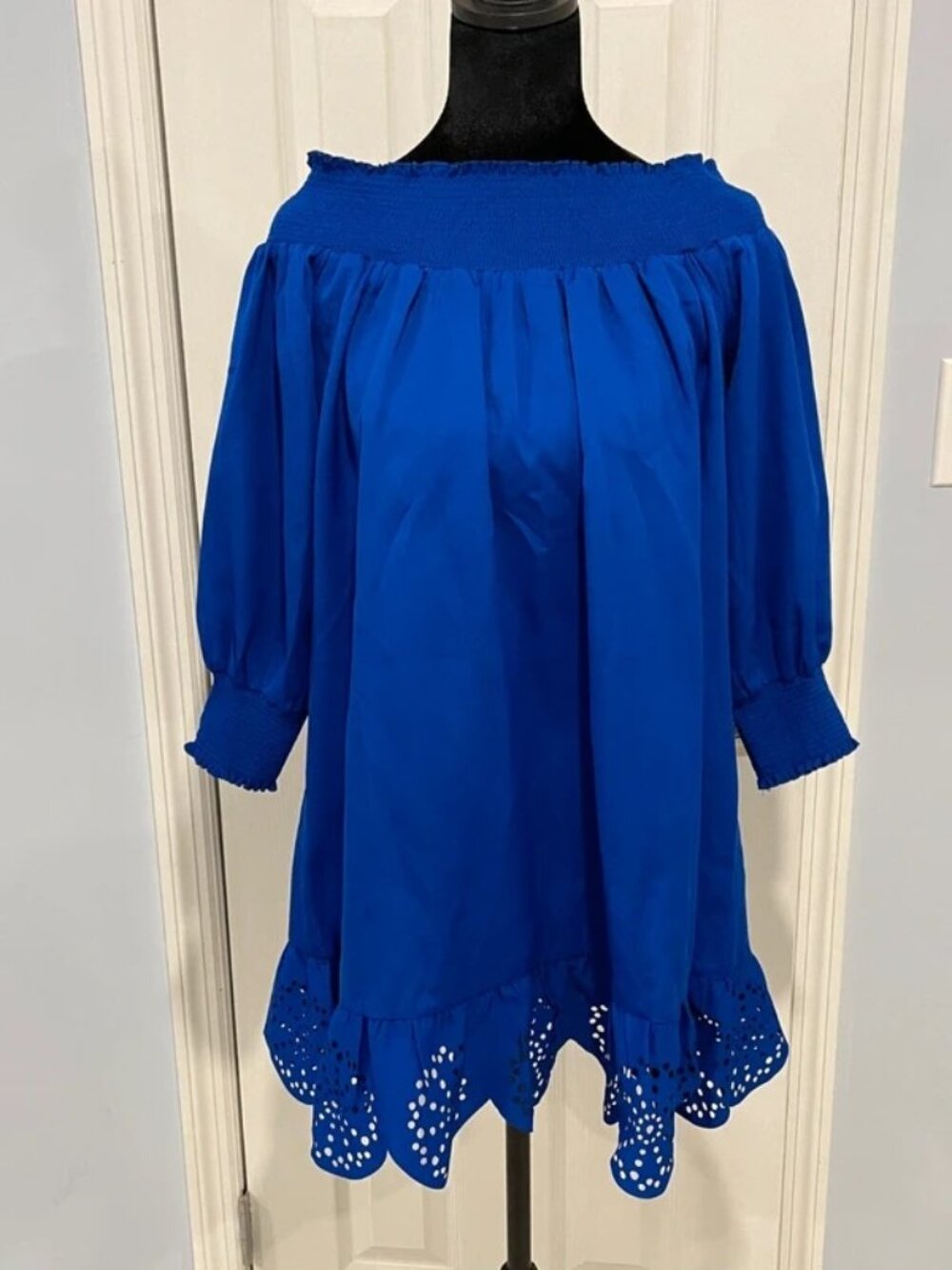 Blue Off-the-Shoulder Eyelet Cutout Hem Long Sleeve Mini Dress